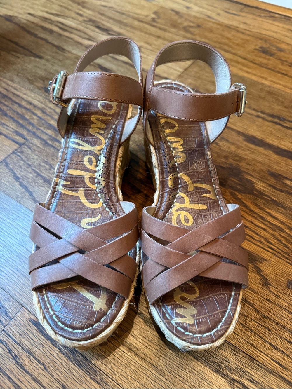 Sam Edelman Tan Leather Crisscross Wedge Sandals